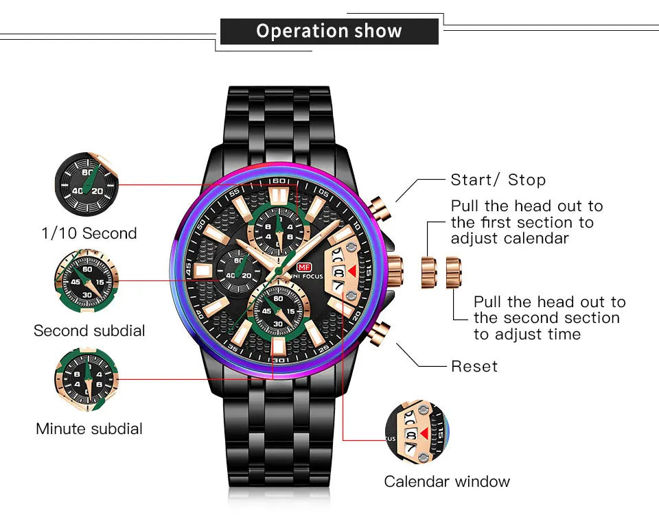MINI FOCUS Chronograph Quartz Watch for Men with Stainless Steel Bracelet Luxury Sport Analog Wristwatch with Date Black Purple