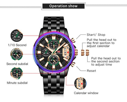 MINI FOCUS Chronograph Quartz Watch for Men with Stainless Steel Bracelet Luxury Sport Analog Wristwatch with Date Black Purple