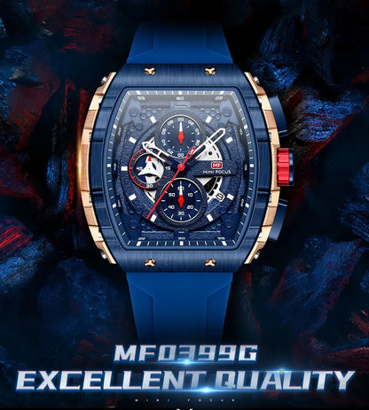 MINI FOCUS Sport Chronograph Quartz Watch for Men Fashion Blue Silicone Strap Tonneau Dial Wristwatch with Date 3atm Waterproof
