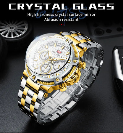 MINI FOCUS Analog Quartz Dress Watch Men Silver Blue Stainless Steel Band Chronograph Luminous Wristwatch with Date 24-hour 0470