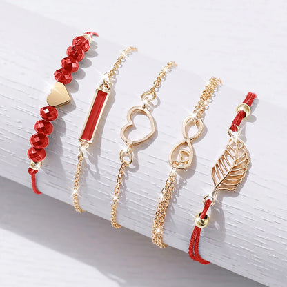 6PCS/Set Women's Watch Fashion Roma Heart Dial Leather Band Quartz Watches Leaf Bracelets Set(Without Box)