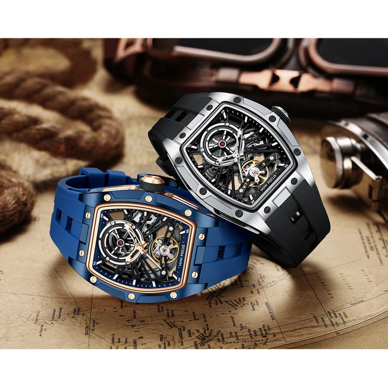 MINI FOCUS Men Wristwatch Fashion Black Waterproof Automatic Mechanical Watch with Luminous Hands Silicone Strap Tonneau Dial