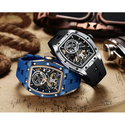 MINI FOCUS Men Wristwatch Fashion Black Waterproof Automatic Mechanical Watch with Luminous Hands Silicone Strap Tonneau Dial