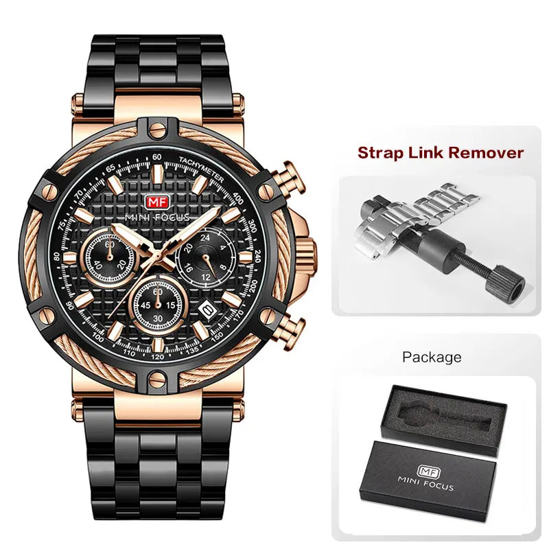MINI FOCUS Analog Quartz Dress Watch Men Silver Blue Stainless Steel Band Chronograph Luminous Wristwatch with Date 24-hour 0470