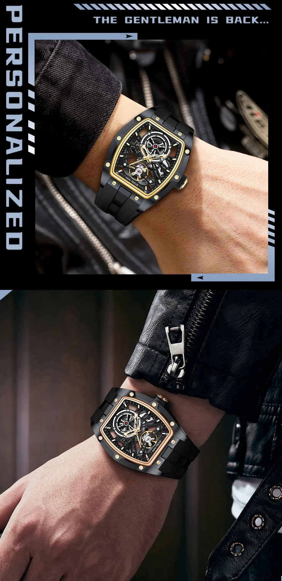 MINI FOCUS Men Wristwatch Fashion Black Waterproof Automatic Mechanical Watch with Luminous Hands Silicone Strap Tonneau Dial