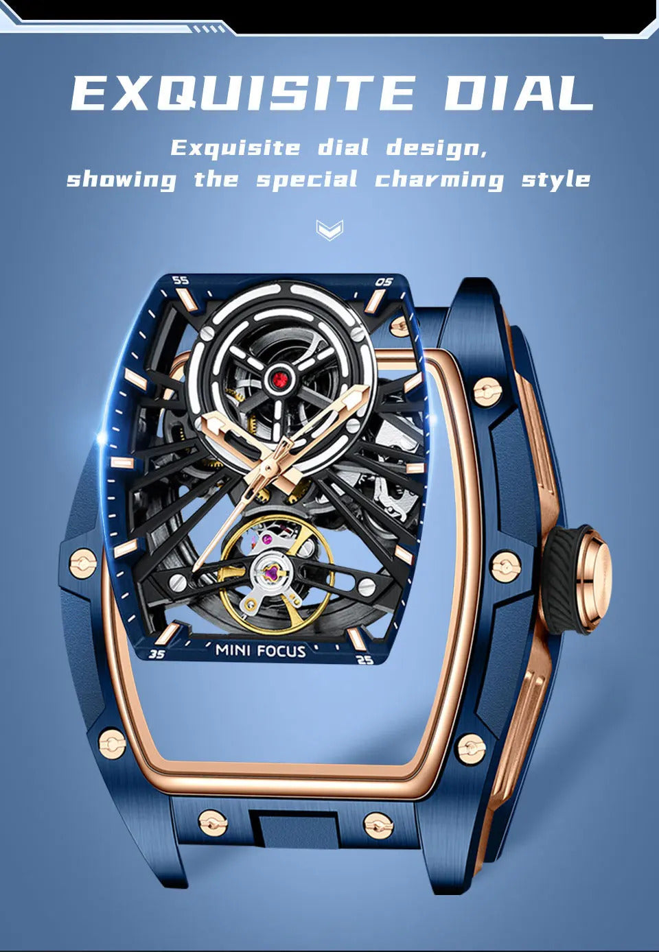 MINI FOCUS Men Wristwatch Fashion Black Waterproof Automatic Mechanical Watch with Luminous Hands Silicone Strap Tonneau Dial