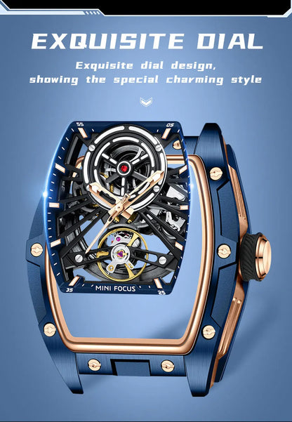 MINI FOCUS Men Wristwatch Fashion Black Waterproof Automatic Mechanical Watch with Luminous Hands Silicone Strap Tonneau Dial