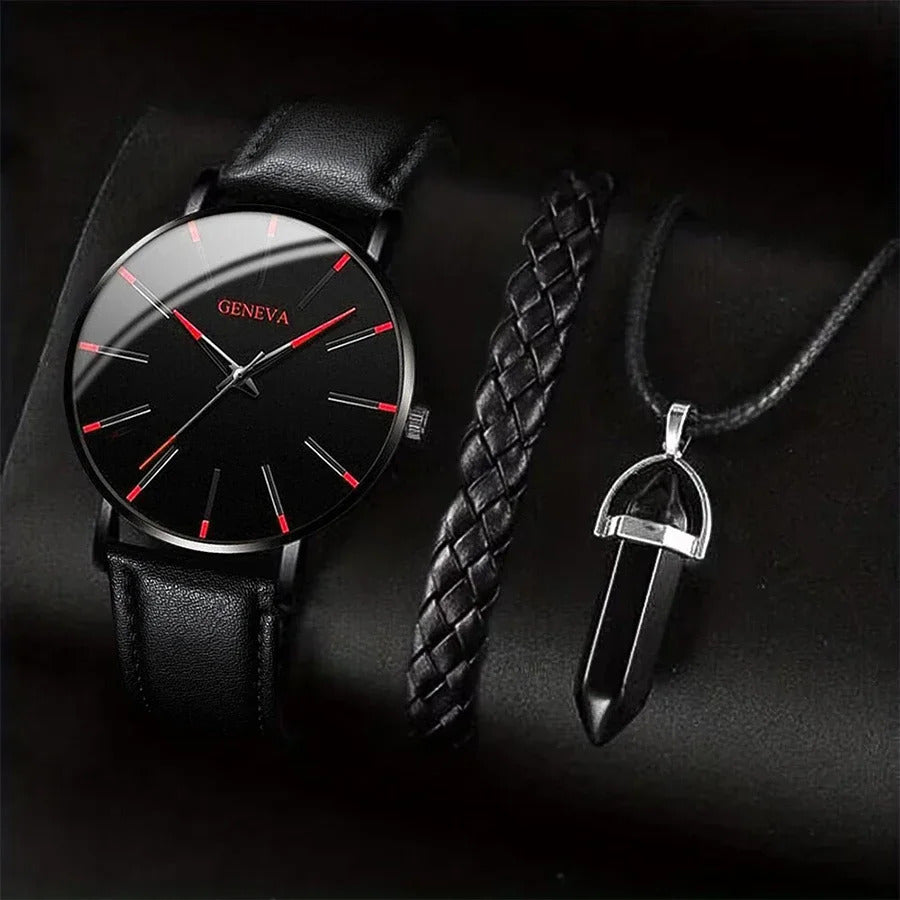 Fashion Men's Watch Casual Leather Band Quartz Wristwatch Men Business Watches Bracelet Necklace Set