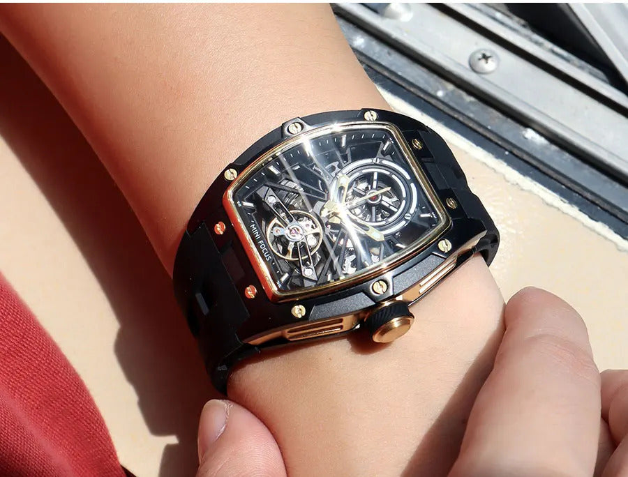 MINI FOCUS Men Wristwatch Fashion Black Waterproof Automatic Mechanical Watch with Luminous Hands Silicone Strap Tonneau Dial