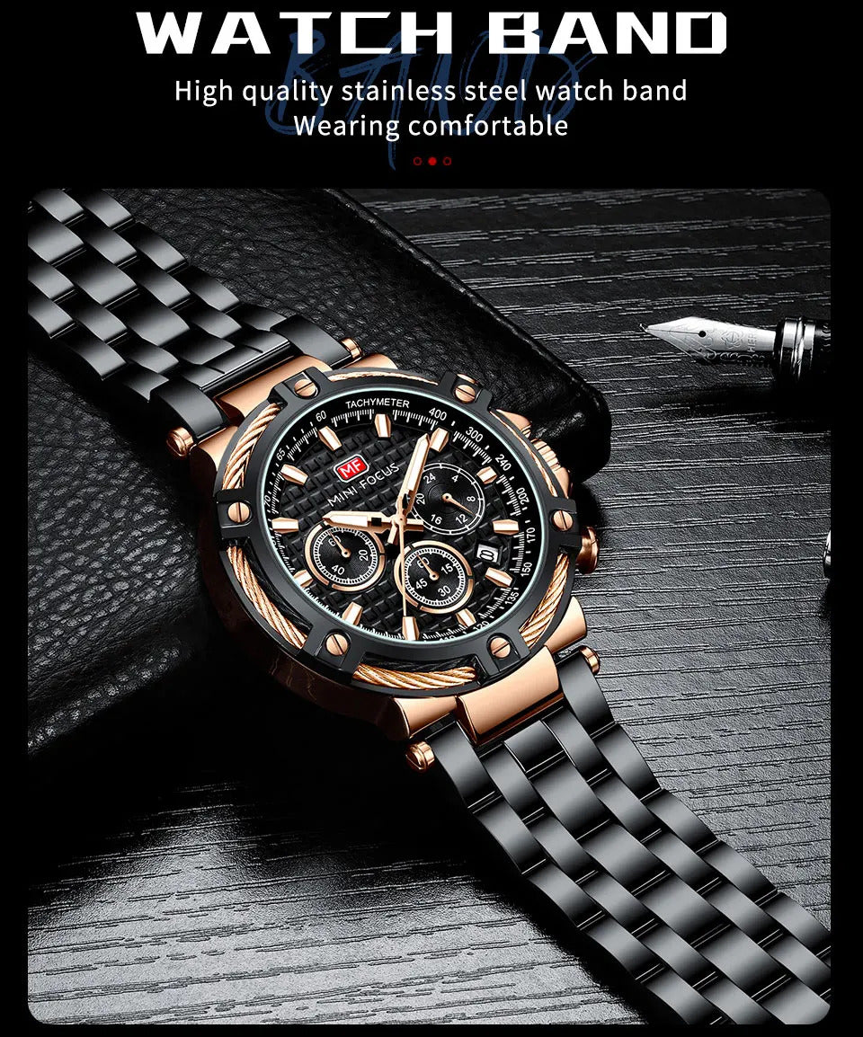 MINI FOCUS Analog Quartz Dress Watch Men Silver Blue Stainless Steel Band Chronograph Luminous Wristwatch with Date 24-hour 0470