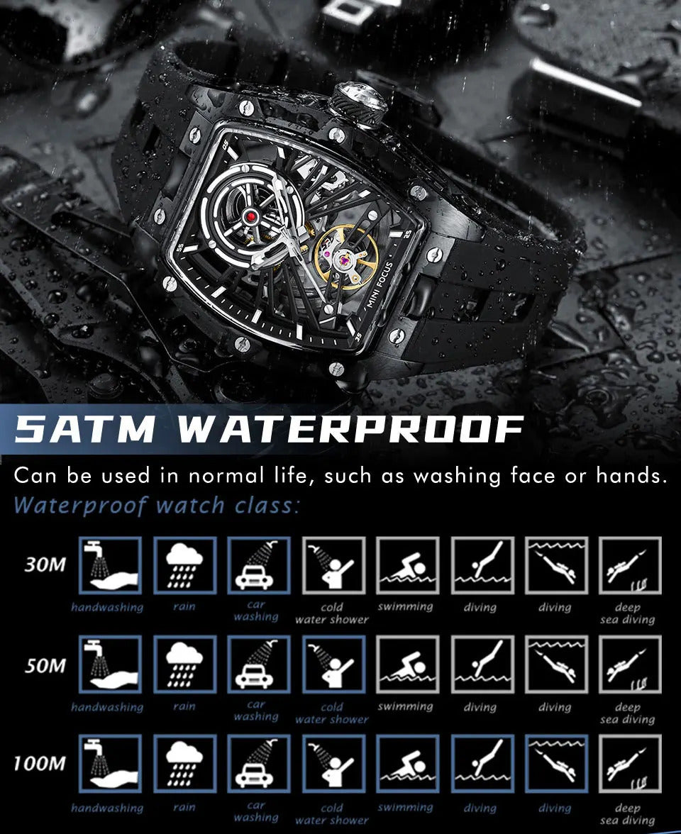 MINI FOCUS Men Wristwatch Fashion Black Waterproof Automatic Mechanical Watch with Luminous Hands Silicone Strap Tonneau Dial