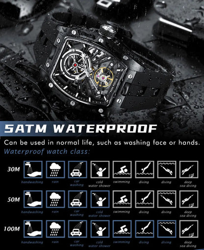 MINI FOCUS Men Wristwatch Fashion Black Waterproof Automatic Mechanical Watch with Luminous Hands Silicone Strap Tonneau Dial