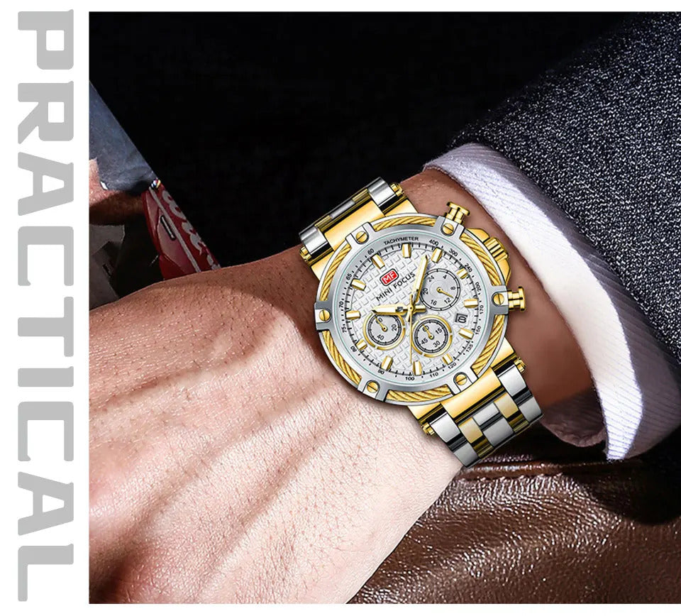 MINI FOCUS Analog Quartz Dress Watch Men Silver Blue Stainless Steel Band Chronograph Luminous Wristwatch with Date 24-hour 0470
