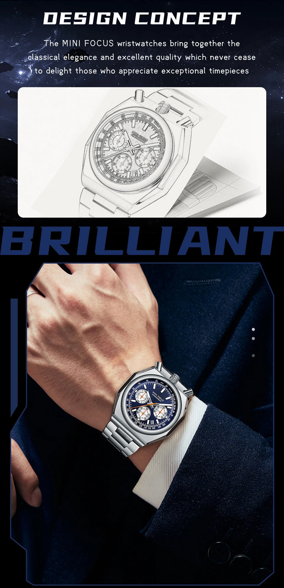 MINI FOCUS Fashion Multifunctional Quartz Watch for Men Calendar Luminous Luxury Stainless Steel Strap Bull Head Mens Watches