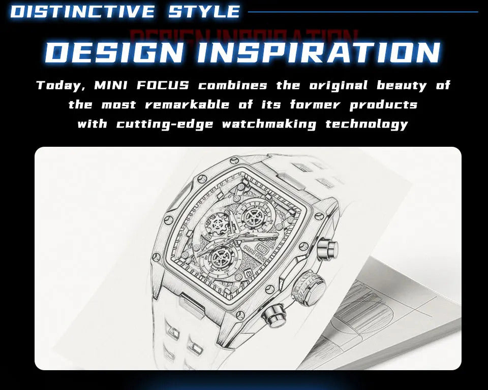MINI FOCUS Blue Quartz Watch Men Fashion Military Sport Chronograph Wristwatch with Luminous Hands Auto Date Silicone Strap