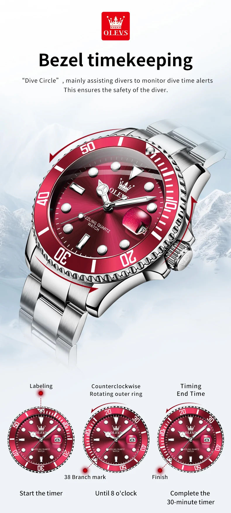 OLEVS 5885 Luxury Men Watch Diving Series Deep Waterproof Auto Date Stainless steel NEW Red Dial Original Wristwatch