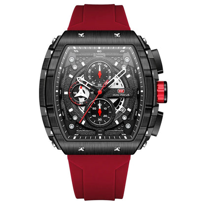 MINI FOCUS Sport Chronograph Quartz Watch for Men Fashion Blue Silicone Strap Tonneau Dial Wristwatch with Date 3atm Waterproof