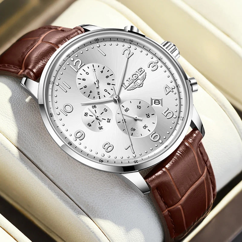 LIGE New Mens Watches Top Brand Luxury Military Quartz Watch For Men Fashion Leather Sports Waterproof Chronograph Reloj Hombre