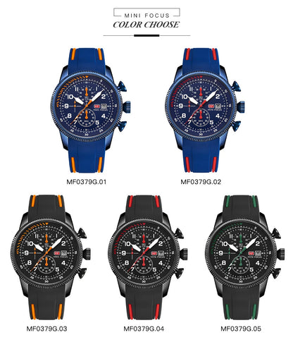 MINI FOCUS Sport Quartz Watch for Men Fashion Waterproof Chronograph Wristwatch with Blue Silicone Strap Auto Date Luminous 0379