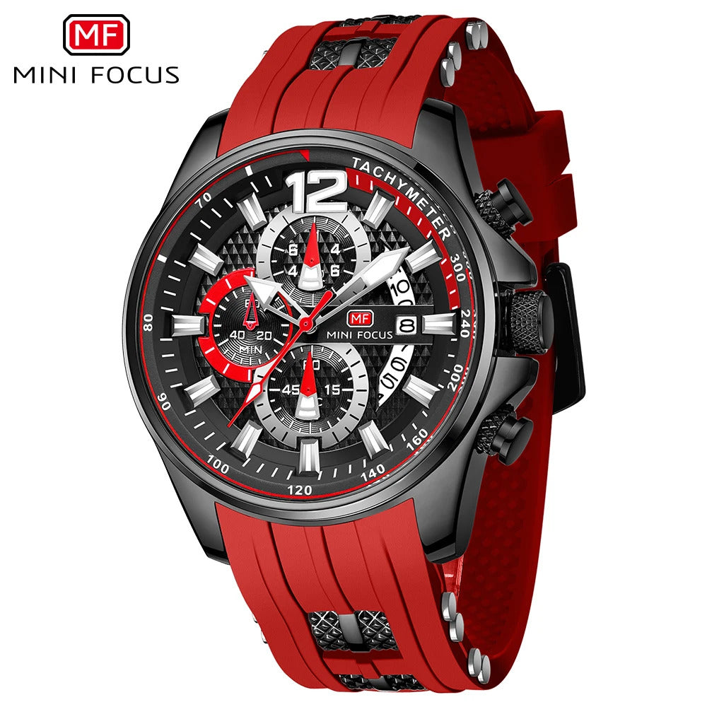 MINI FOCUS Fashion Waterproof Mens Watches Top Brand Luxury Chronograph Quartz Men Watch Red Silicone Strap Sports Wristwatches