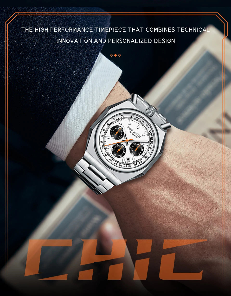 MINI FOCUS Fashion Multifunctional Quartz Watch for Men Calendar Luminous Luxury Stainless Steel Strap Bull Head Mens Watches