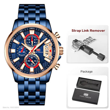MINI FOCUS Chronograph Quartz Watch for Men with Stainless Steel Bracelet Luxury Sport Analog Wristwatch with Date Black Purple