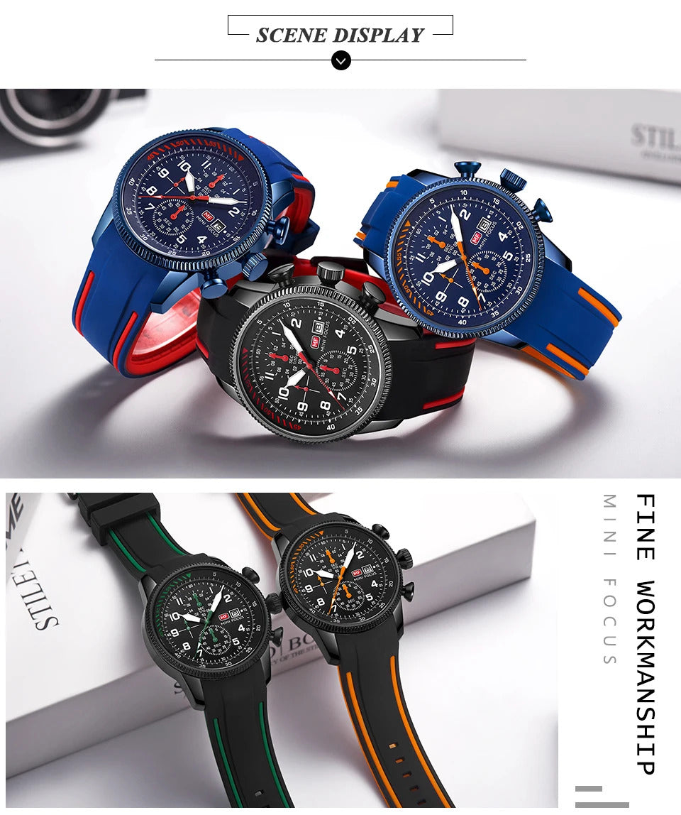 MINI FOCUS Sport Quartz Watch for Men Fashion Waterproof Chronograph Wristwatch with Blue Silicone Strap Auto Date Luminous 0379