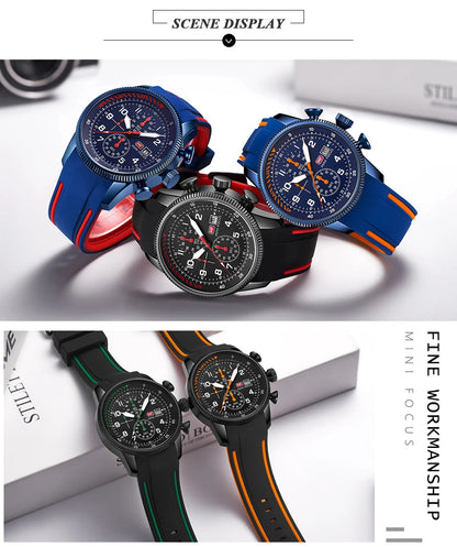 MINI FOCUS Sport Quartz Watch for Men Fashion Waterproof Chronograph Wristwatch with Blue Silicone Strap Auto Date Luminous 0379