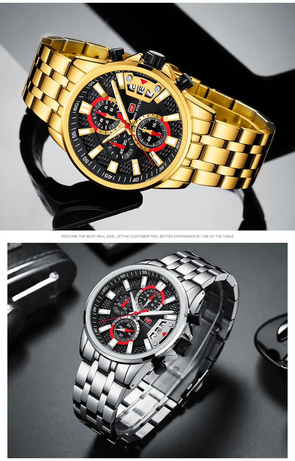 MINI FOCUS Chronograph Quartz Watch for Men with Stainless Steel Bracelet Luxury Sport Analog Wristwatch with Date Black Purple