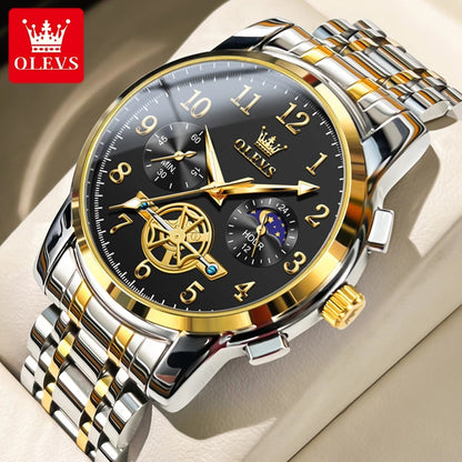 OLEVS 2900 Moon Phase Watch Men Stainless Steel Waterpoof Luminous  Fashion Skeleton Chronograph Quartz Wrist Watch for Men NEW