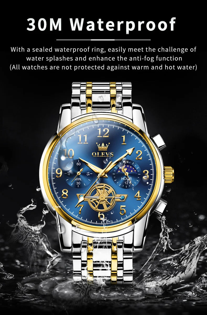 OLEVS 2900 Moon Phase Watch Men Stainless Steel Waterpoof Luminous  Fashion Skeleton Chronograph Quartz Wrist Watch for Men NEW