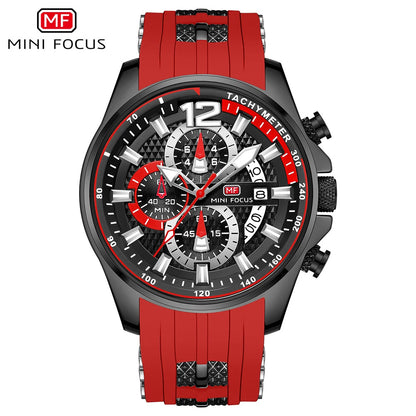 MINI FOCUS Fashion Waterproof Mens Watches Top Brand Luxury Chronograph Quartz Men Watch Red Silicone Strap Sports Wristwatches