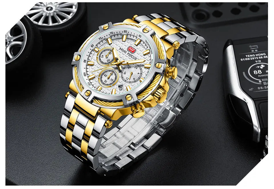 MINI FOCUS Analog Quartz Dress Watch Men Silver Blue Stainless Steel Band Chronograph Luminous Wristwatch with Date 24-hour 0470