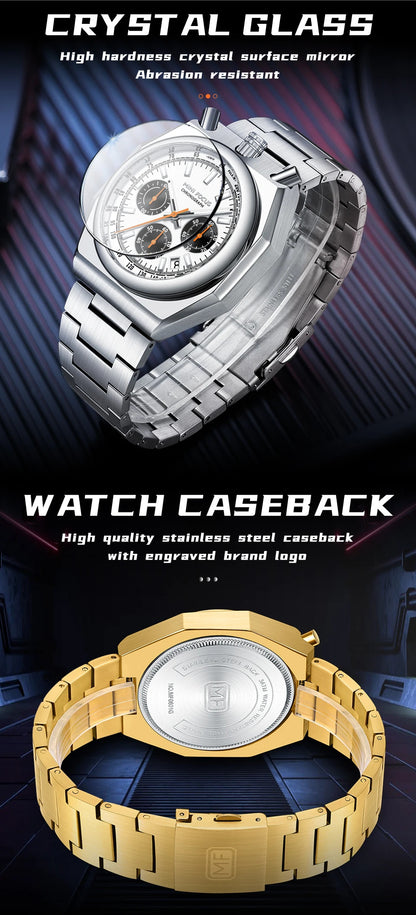 MINI FOCUS Fashion Multifunctional Quartz Watch for Men Calendar Luminous Luxury Stainless Steel Strap Bull Head Mens Watches