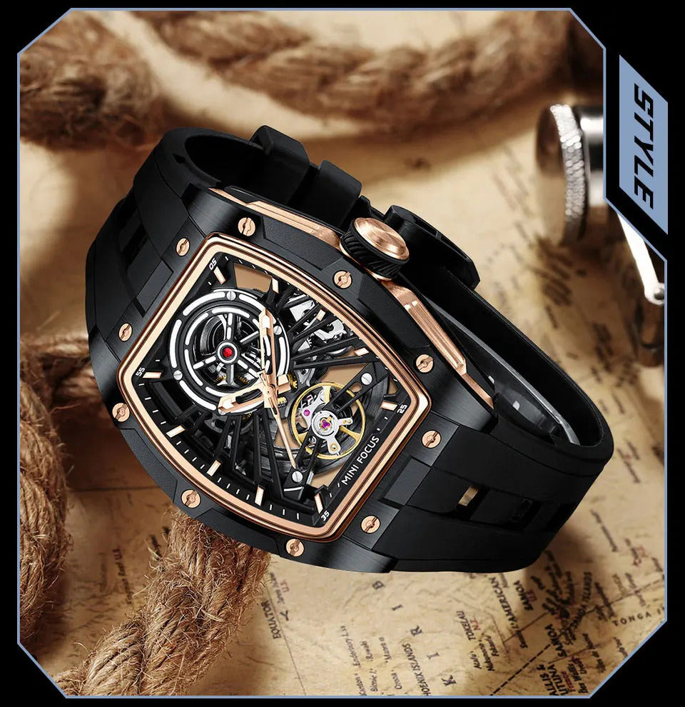 MINI FOCUS Men Wristwatch Fashion Black Waterproof Automatic Mechanical Watch with Luminous Hands Silicone Strap Tonneau Dial