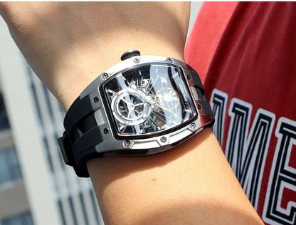 MINI FOCUS Men Wristwatch Fashion Black Waterproof Automatic Mechanical Watch with Luminous Hands Silicone Strap Tonneau Dial