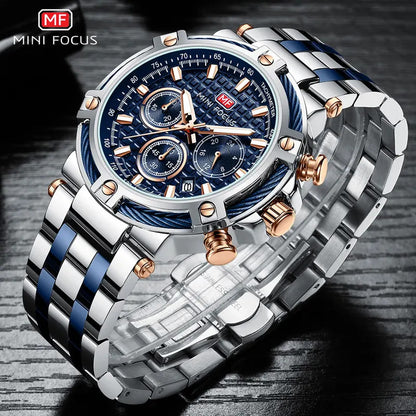 MINI FOCUS Analog Quartz Dress Watch Men Silver Blue Stainless Steel Band Chronograph Luminous Wristwatch with Date 24-hour 0470