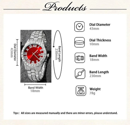 Fashion rhinestone watch hip hop 14mm claw cuban chain rapper cuban necklace set men and women punk party gift