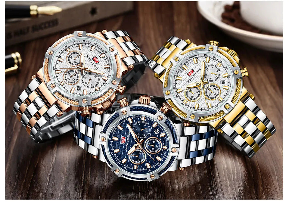 MINI FOCUS Analog Quartz Dress Watch Men Silver Blue Stainless Steel Band Chronograph Luminous Wristwatch with Date 24-hour 0470
