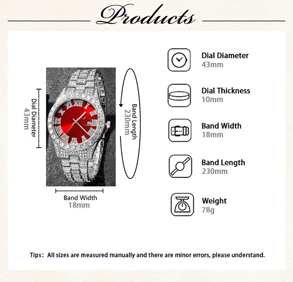 Fashion Rhinestone Wrist Watch Hip Hop 14MM Prong Cuban Chain Rapper Cuban Necklaces Set For Men and Women Punk Party Gift