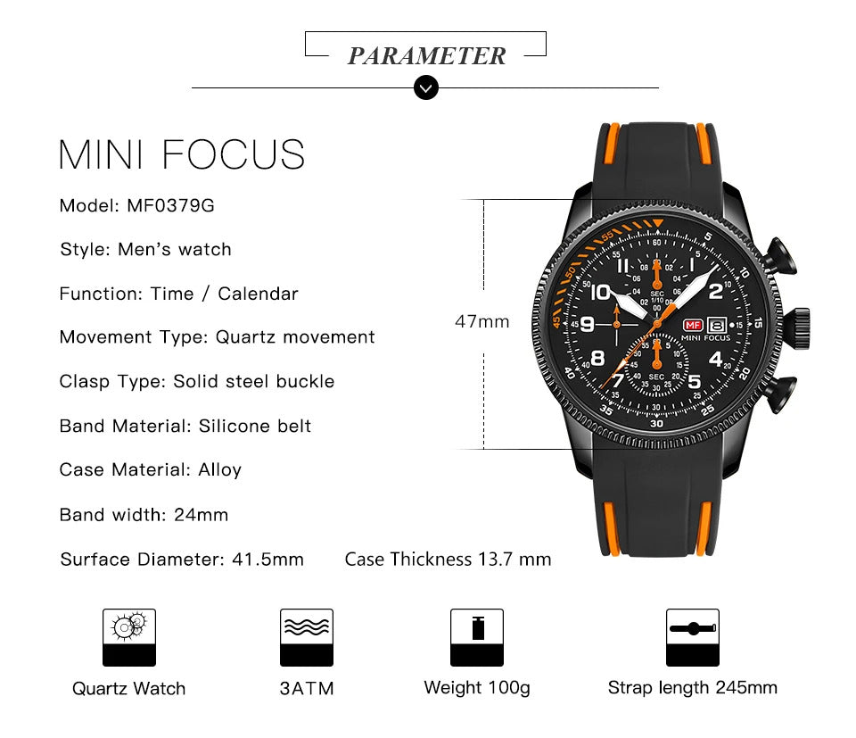 MINI FOCUS Sport Quartz Watch for Men Fashion Waterproof Chronograph Wristwatch with Blue Silicone Strap Auto Date Luminous 0379