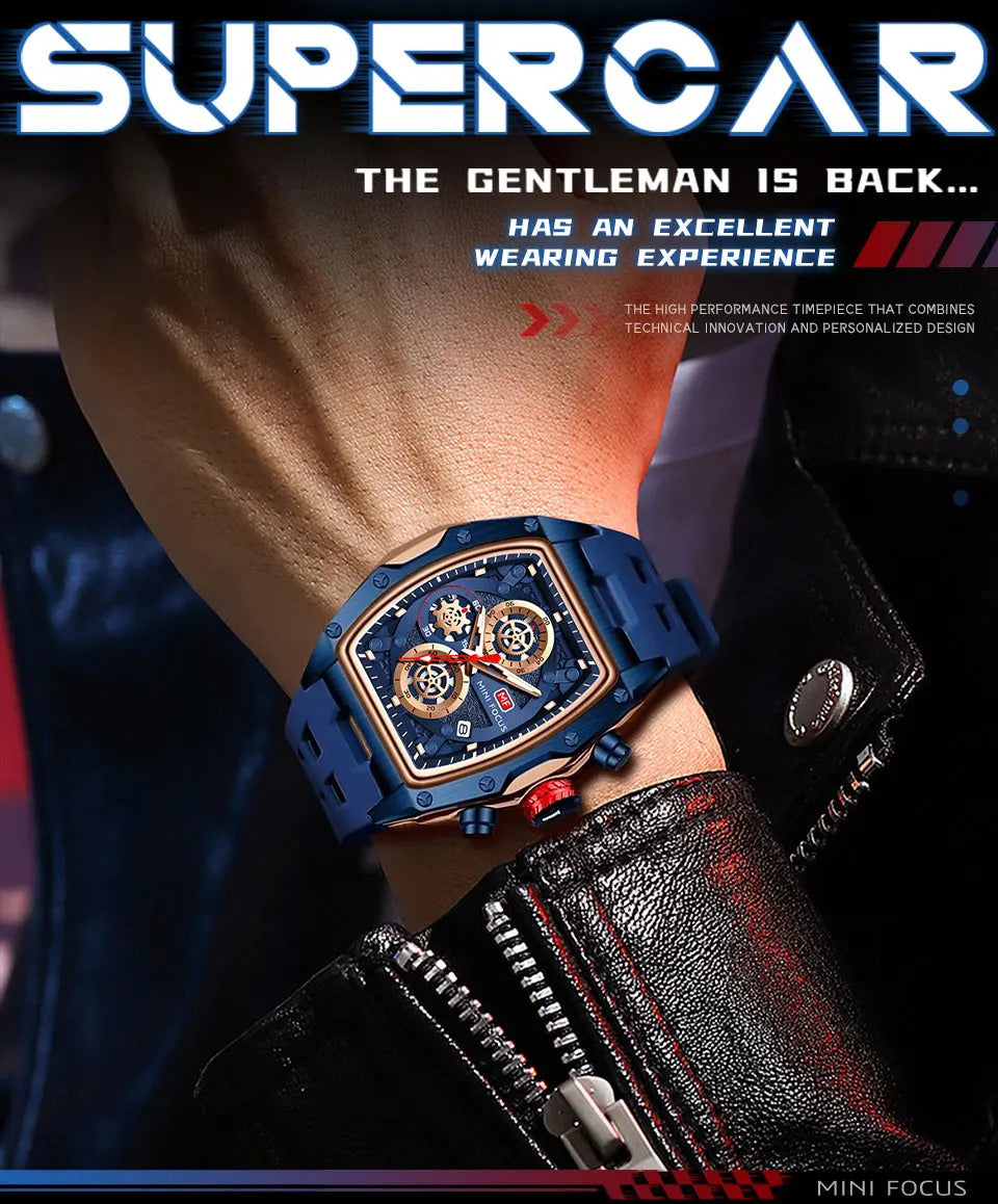 MINI FOCUS Blue Quartz Watch Men Fashion Military Sport Chronograph Wristwatch with Luminous Hands Auto Date Silicone Strap