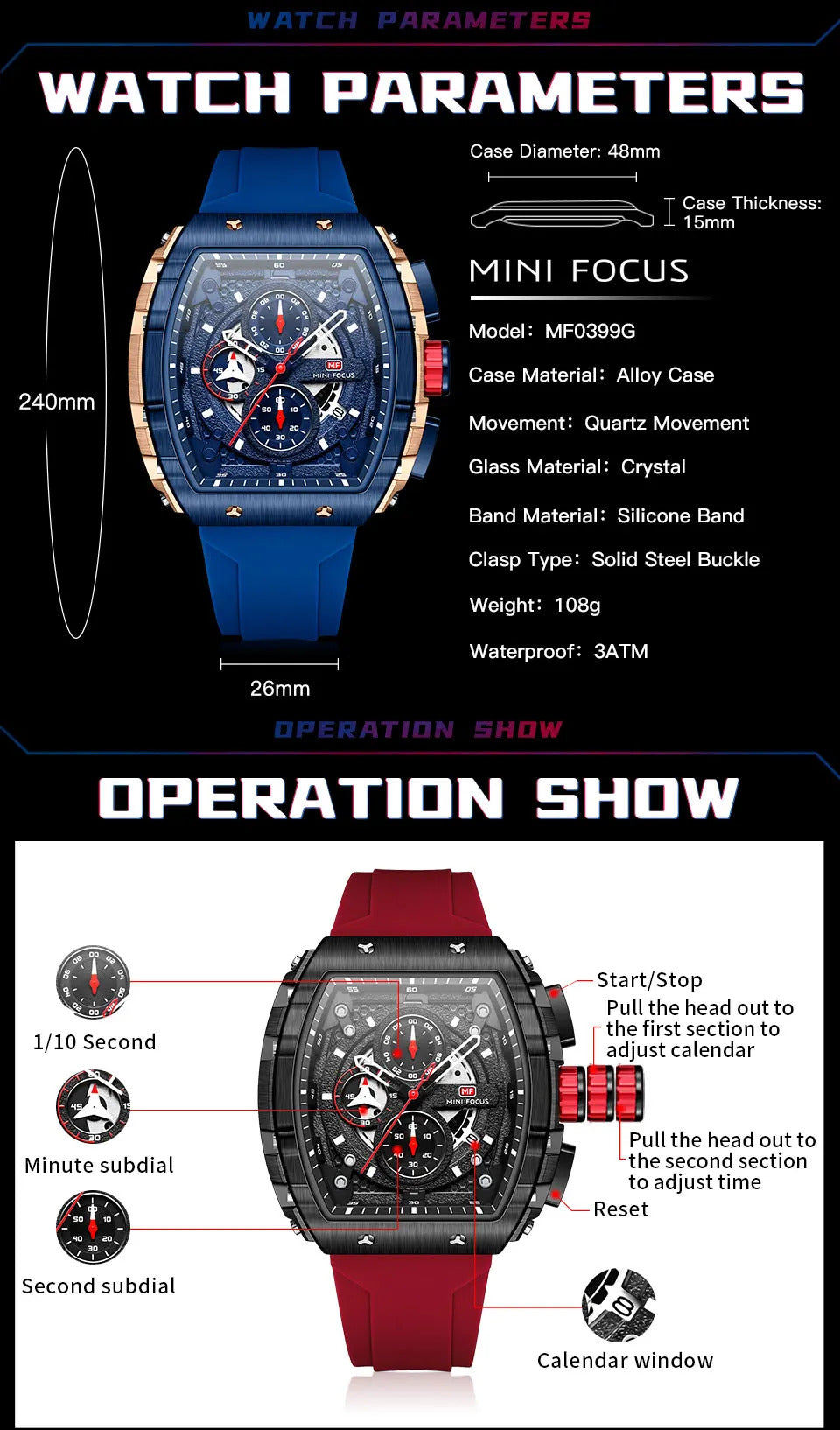 MINI FOCUS Sport Chronograph Quartz Watch for Men Fashion Blue Silicone Strap Tonneau Dial Wristwatch with Date 3atm Waterproof