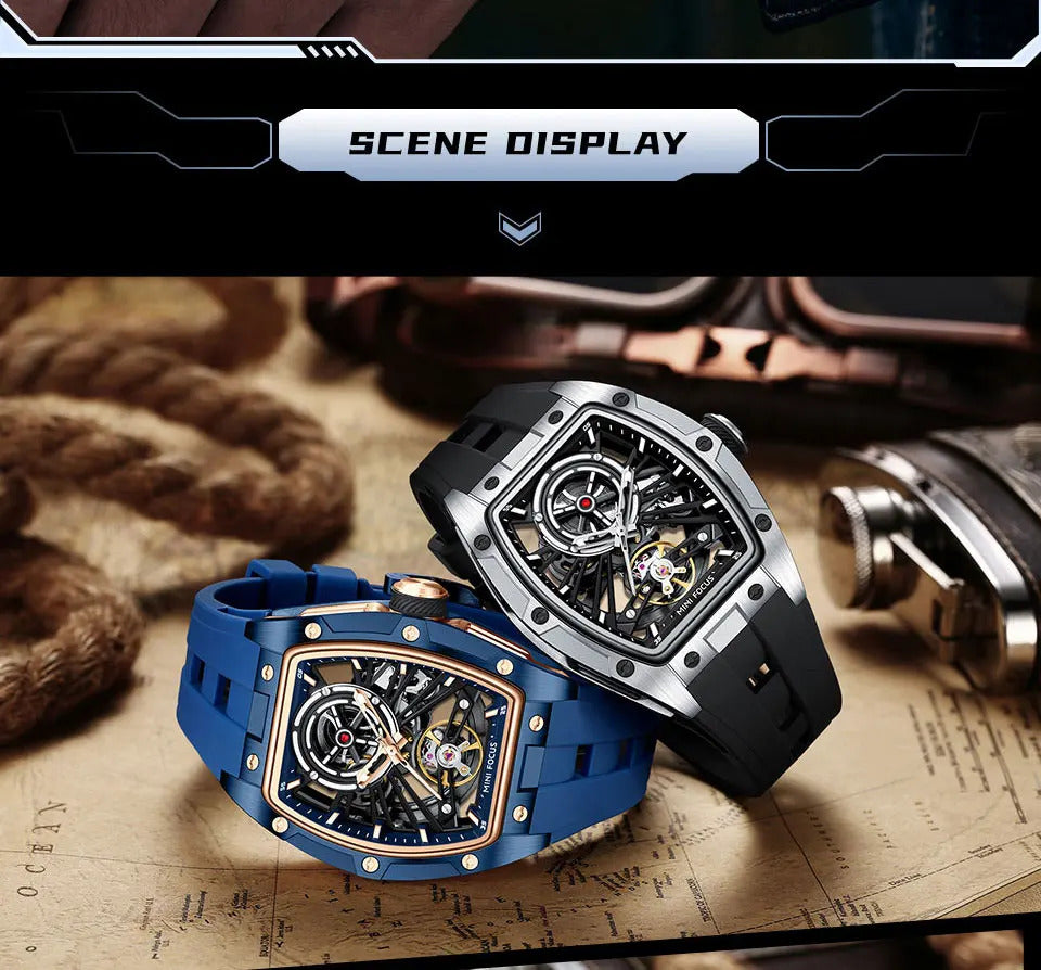 MINI FOCUS Men Wristwatch Fashion Black Waterproof Automatic Mechanical Watch with Luminous Hands Silicone Strap Tonneau Dial