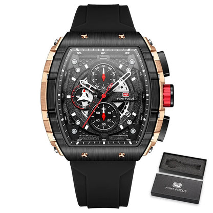 MINI FOCUS Sport Chronograph Quartz Watch for Men Fashion Blue Silicone Strap Tonneau Dial Wristwatch with Date 3atm Waterproof