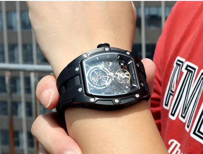 MINI FOCUS Men Wristwatch Fashion Black Waterproof Automatic Mechanical Watch with Luminous Hands Silicone Strap Tonneau Dial