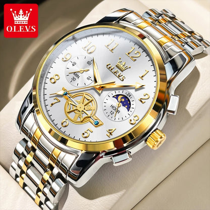 OLEVS 2900 Moon Phase Watch Men Stainless Steel Waterpoof Luminous  Fashion Skeleton Chronograph Quartz Wrist Watch for Men NEW