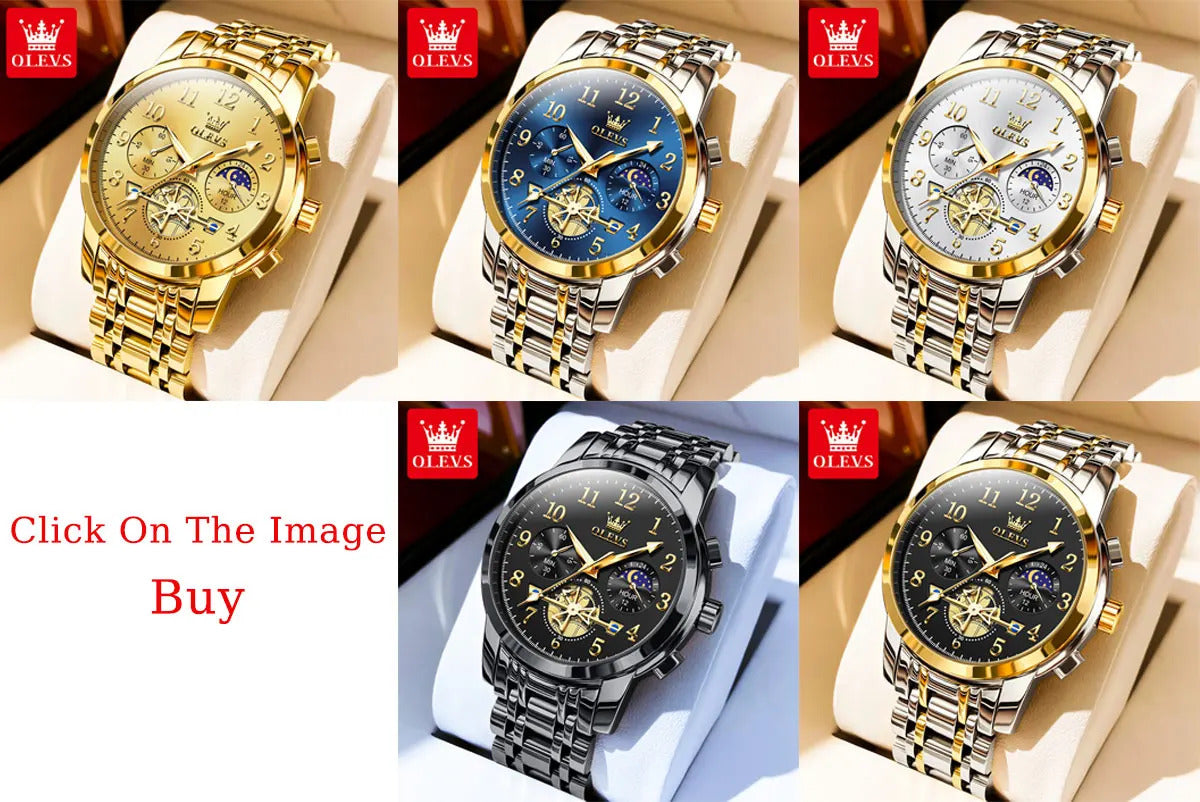 OLEVS 2900 Moon Phase Watch Men Stainless Steel Waterpoof Luminous  Fashion Skeleton Chronograph Quartz Wrist Watch for Men NEW