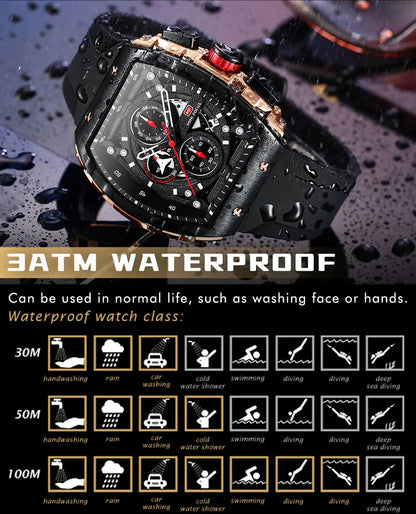 MINI FOCUS Sport Chronograph Quartz Watch for Men Fashion Blue Silicone Strap Tonneau Dial Wristwatch with Date 3atm Waterproof