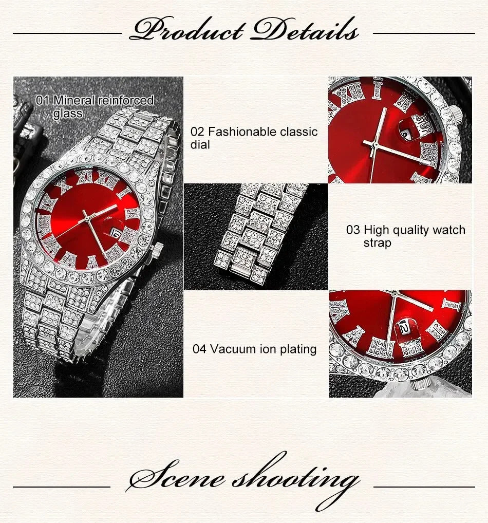 Fashion Rhinestone Wrist Watch Hip Hop 14MM Prong Cuban Chain Rapper Cuban Necklaces Set For Men and Women Punk Party Gift